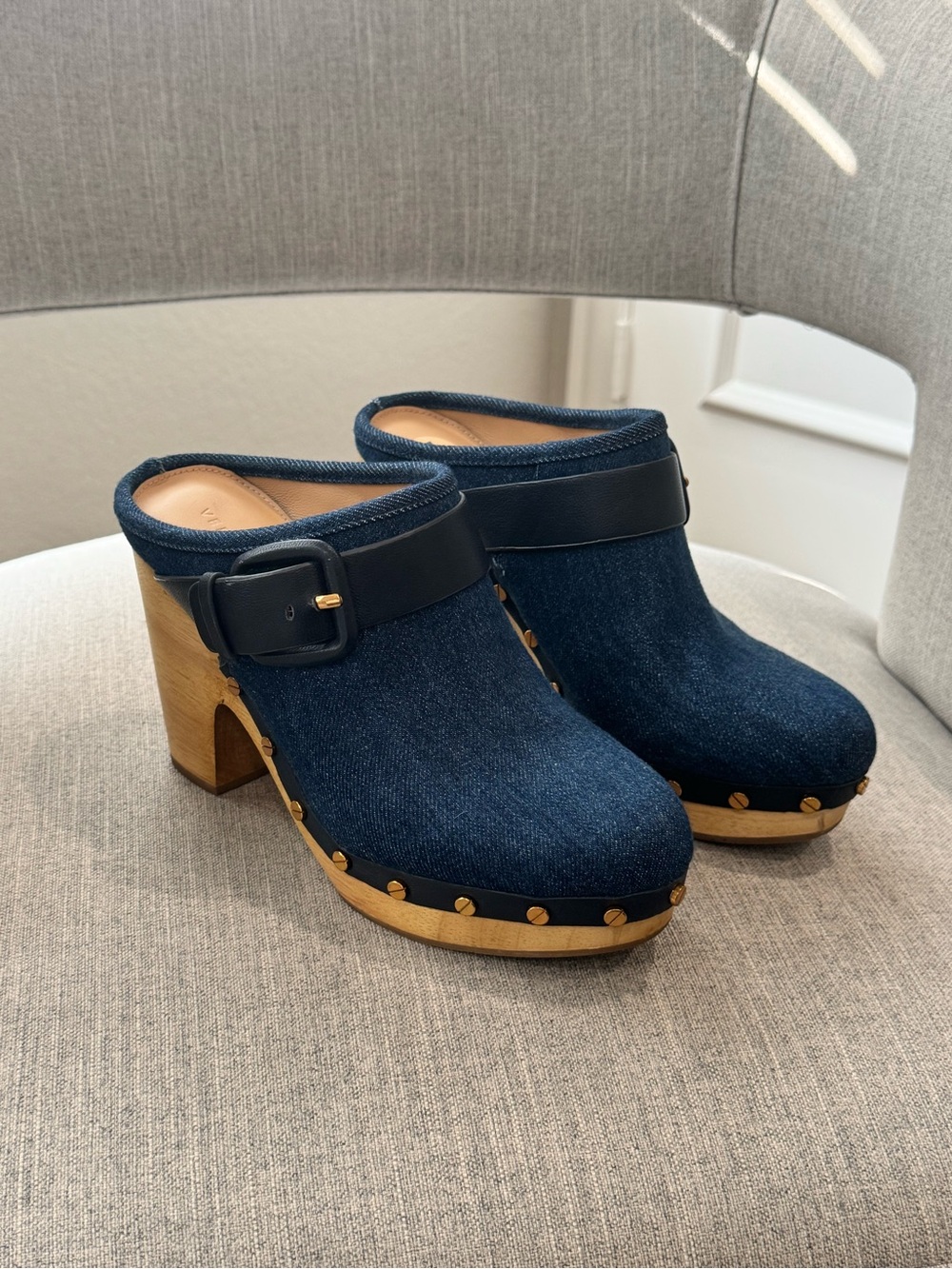 Veronica Beard Dark Denim Clog Mules with Black Strap